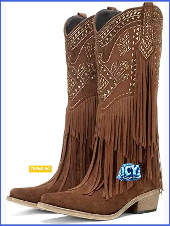 Shoes - Cowboy Boots Knee High Cowgirl Western Fringe Rhinestone Chunky Heel Pointed Toe